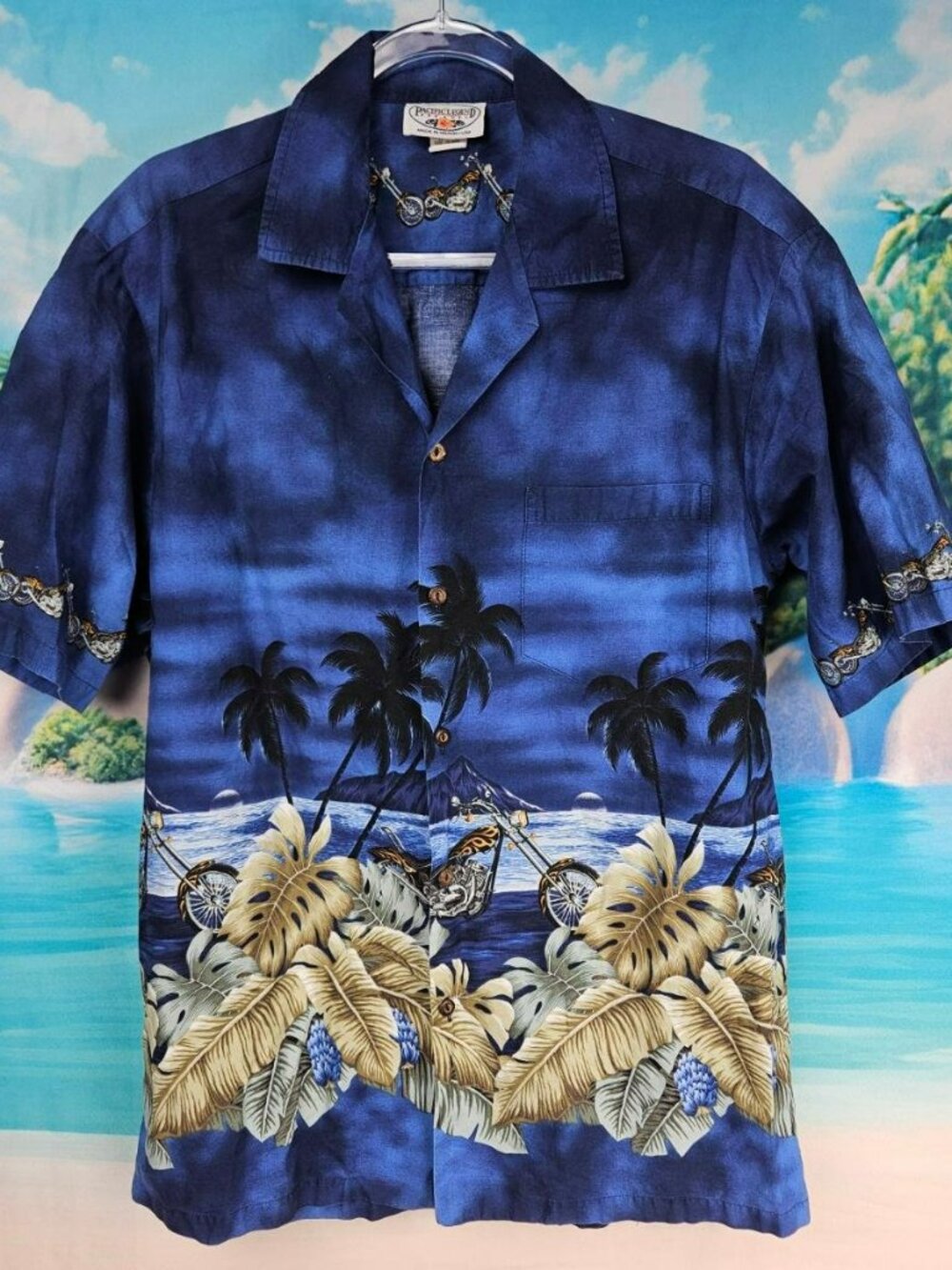 Pacific Legend Hawaiian Shirt Mens L Motorcycle Print Made in Hawaii USA Moto